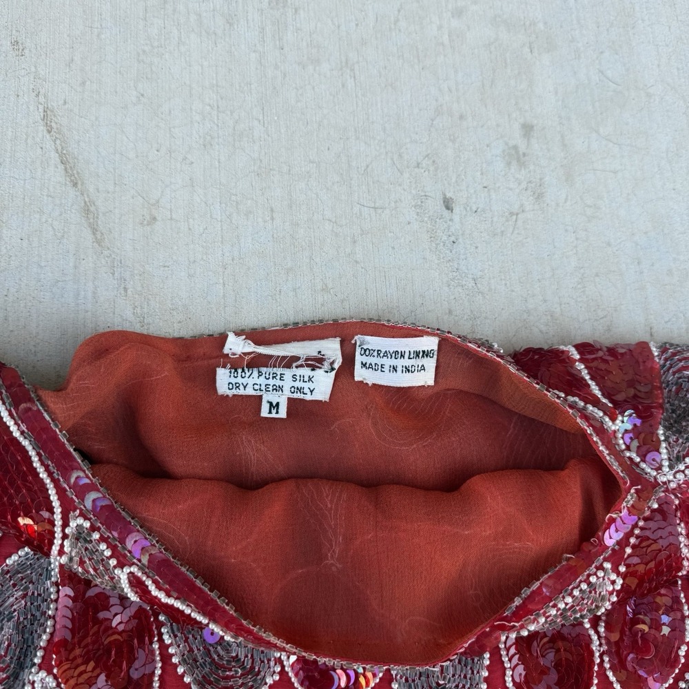 Vintage Art Deco Pure Silk Medium Red Rhinestone‎ Sequin Bling Beaded Iridescent - Picture 6 of 9